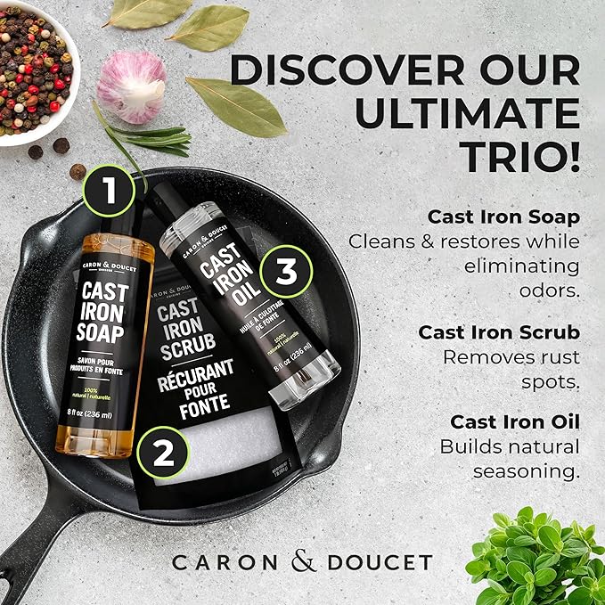 CARON &amp DOUCET – New Ultimate Cast Iron Set: Seasoning Oil Cleaning Soap &amp Restoring Scrub | 100% Plant-Based &amp Best for Cleaning Care Washing Restoring &amp Seasoning Skillets Pans &