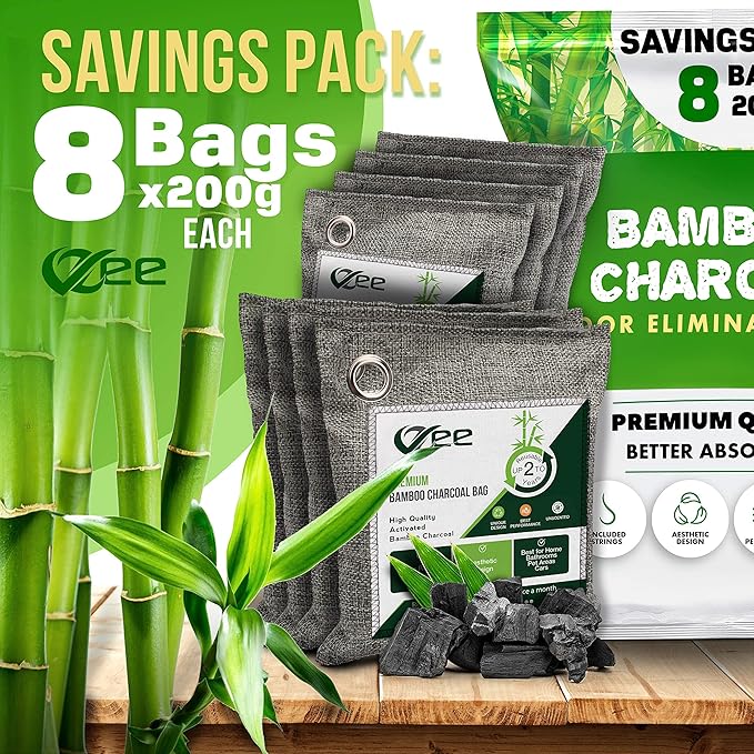 8 Bags x 200g Nature Fresh Activated Charcoal Odor Absorber Bamboo Charcoal Air Purifying Bag Odor Eliminator for Home Car Cigarette Smoke Dog Cat Shoes