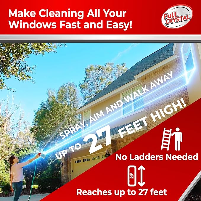 Full Crystal Window Cleaning Kit – 4 oz Glass Cleaner and Bottle with 27 ft Reach Makes Up to 640 fl oz Cleans Up to 20 Windows Scrub-Free Rinse-Free