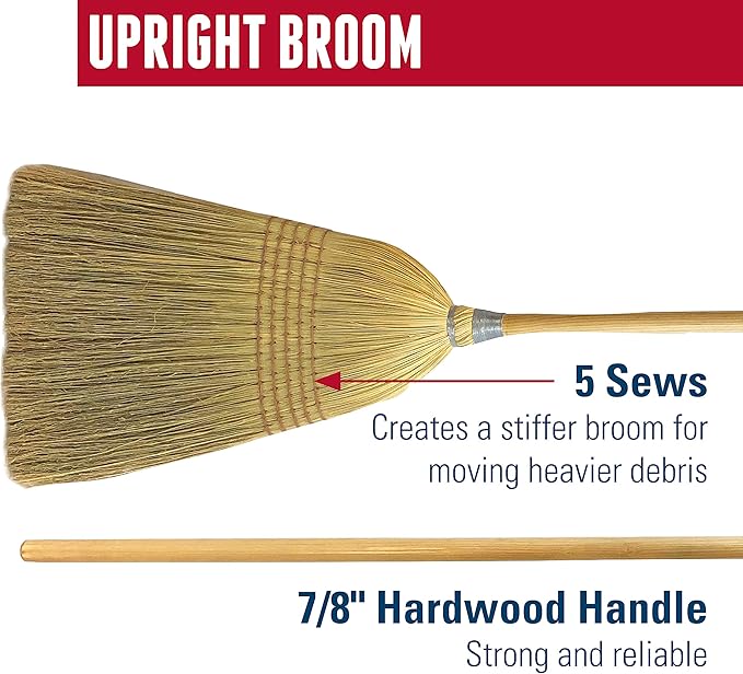 Weiler 95033 Heavy-Duty Corn Broom with Wooden Handle 5 Sews 100% Natural Corn Fill for Indoor or Outdoor Sweeping