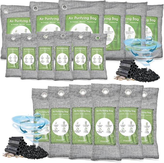 18 Pack Bamboo Charcoal Air Purifying Bag Activated Charcoal Bags Odor Absorber Moisture Absorber Natural Car Air Freshener Shoe Deodorizer Odor Eliminators For Home Pet Closet (6x50g 6x150g)