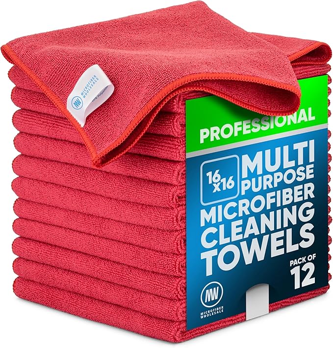 MW Pro Microfiber Cleaning Cloth | Red (12 Pack) | Size 16 x 16 | All Purpose Microfiber Towels - Clean Dust Polish Scrub Absorbent