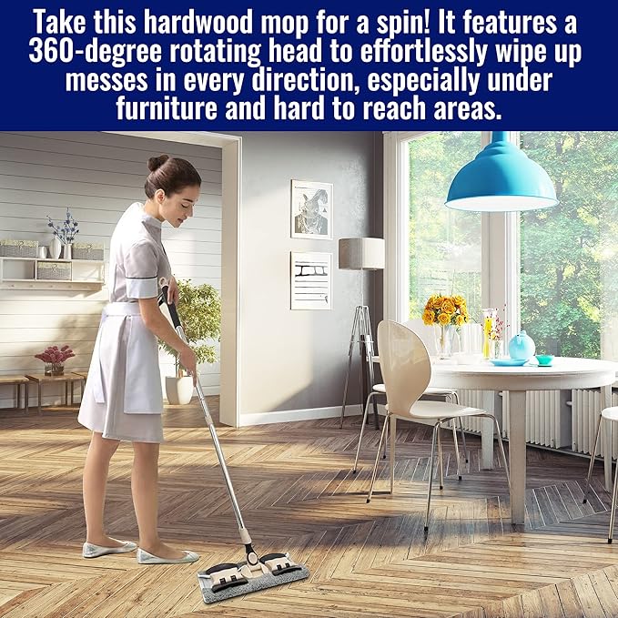 MAYSHINE Microfiber Hardwood Floor Wet and Dry Dust Mop w/ 5 Reusable Pads 360 Spin Mop System | Use on Wood Tile Laminate Vinyl and More | Flat Mop with 60 Extendable Stainless Steel Handle