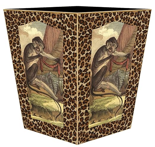 Marye-Kelley Vintage Monkey and Leopard Print Wastepaper Basket Wood Flat Top Waste Basket for Kitchen Bathroom Bedroom Living Room Handmade Made in The USA