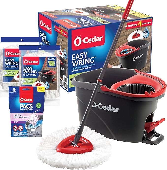 O-Cedar EasyWring Microfiber Spin Mop &amp Bucket Floor Cleaning System + 2 Extra Mop Head Replacements with Lavender Pac (Variety Pack)