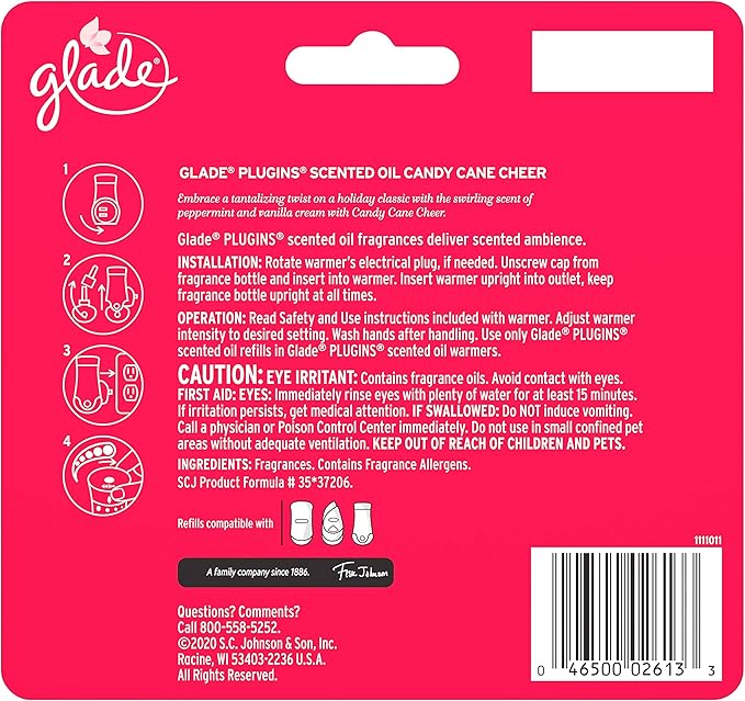 Glade PlugIns Refills Air Freshener Scented and Essential Oils for Home and Bathroom Candy Cane Cheer 3.35 Fl Oz 5 Count