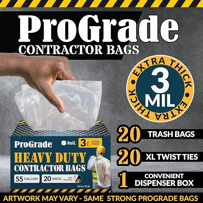 Reli. Contractor Garbage Bags 55 Gallon | 20 Trash Bags | Heavy Duty | Clear Contractor
