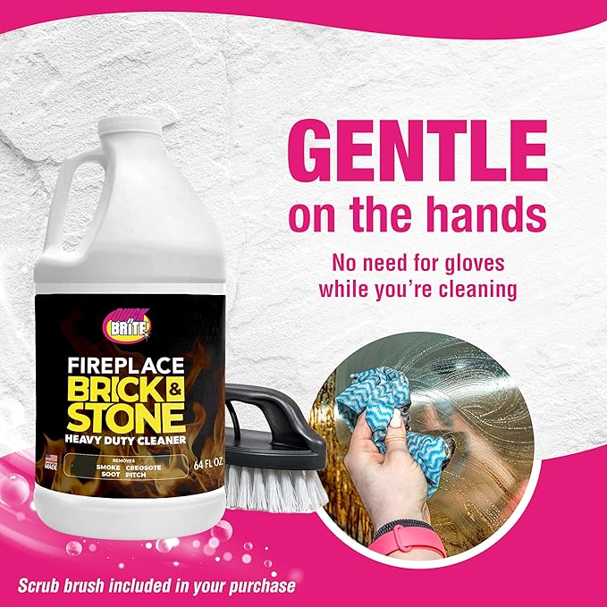 Quick 'n Brite Fireplace Brick and Stone Cleaner 64oz - Natural Stone Tile and Marble Cleaner with Scrub Brush - Indoor Fireplace and Wood Stove Cleaning Kit - Pellet Stove Creosote Remover