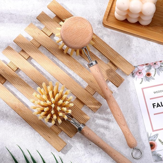 10 Pack Fiber Bristle 2-Inch All-Purpose Kitchen Dish Scrub Brush with Beechwood Handle - Dish Brush with Hooked Handle for Pots Pans and Kitchen Utensils - Made in Germany