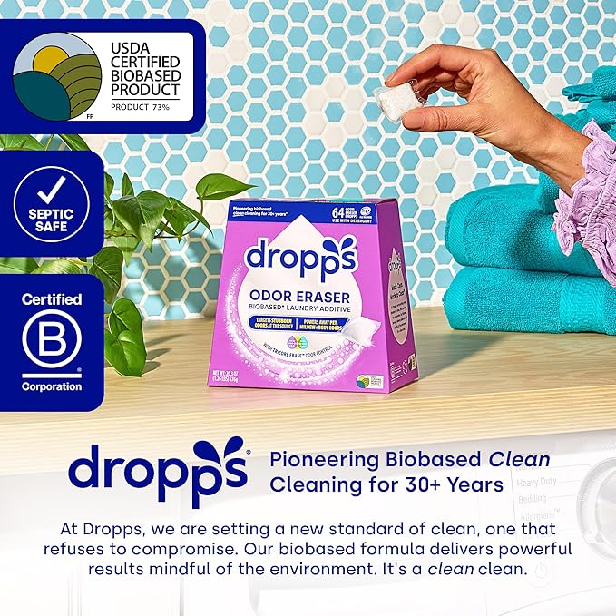 Dropps Odor Eraser Pods (64 Count) - Powered by TriCore Erase | Use With Detergent | Odor Remover | For Sweat Musty Towels Mildew Pet &amp Body Odors | Clean Laundry Booster | Plastic-Free Packagi