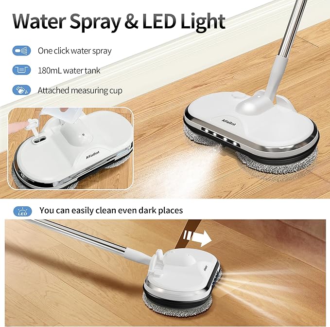 Electric Mop AlfaBot WS-24 Cordless Spin Mop for Floor Cleaning Lightweight &amp Rechargeable Floor Cleaner with Water Sprayer and LED Headlight for Hardwood and Tile Floors White