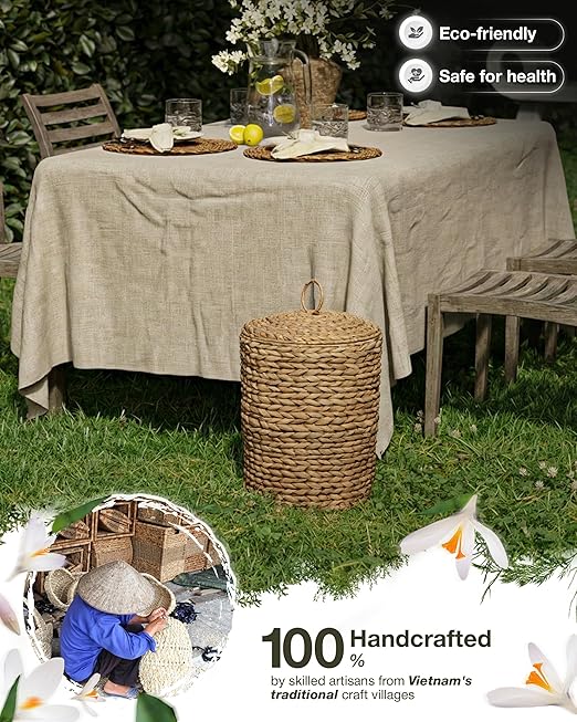 BLUEWEST 3 Gallons Wicker Trash Can with LidHandwoven Rattan Trash Can Woven Decorative Wastebasket Wicker Waste Basket with Removable Plastic Inner Bin for Bathroom Bedroom Office or Kitchen