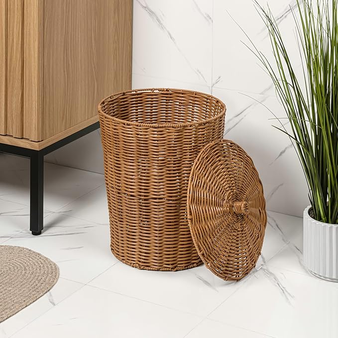 happimess HPM1406B-SET2 Ollie Coastal Contemporary Resin 4.7-Gallon Tapered Round Wicker Watebasket with Lid Brown (Set of 2)
