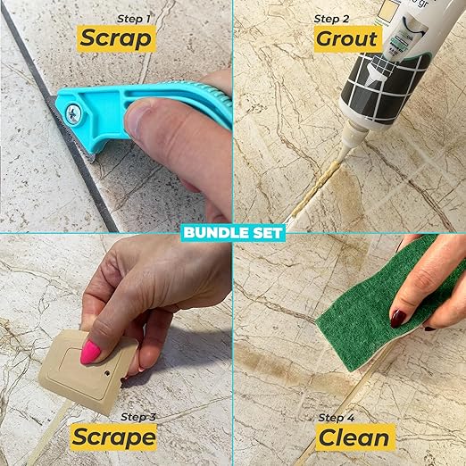 Pentausa Premixed Acrylic Sanded Tile Grout Repair Kit - Ready to Use Grout Renew Filler for Bathroom Shower &amp Kitchen Tile with Grout Removal Tool Applicator &amp Sponge (8.8 Oz - 250gr) (Be