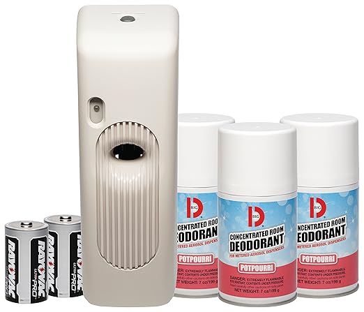 Big D 862 Metered Aerosol Starter Kit Potpourri Fragrance (Contains Dispenser 2 Batteries 3 Aerosol Cans) - Air freshener ideal for restrooms offices schools restaurants hotels stores
