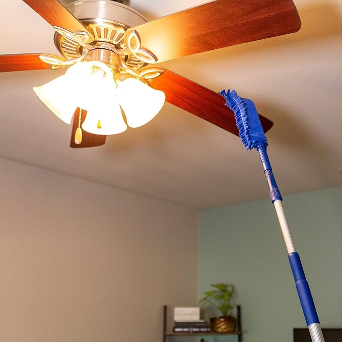 Ceiling Fan Duster Cobweb Duster Extendable Reach 20 feet | 3-Stage Aluminum Telescoping Pole | Extends for High Ceiling Duster | Long Handle Plus 2 Duster Heads