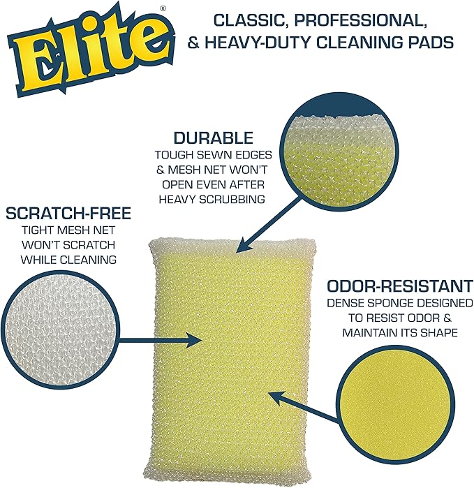 Elite All Purpose Cleaning Pad 24 Pads (Bulk) Non Scratch Dish Sponge Scrubber Sponges for Kitchen and Household Use Made in USA