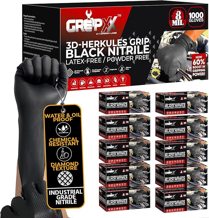Herkules Grip Heavy Duty 8Mil Black Nitrile Gloves3D Raised Diamond Texture-Latex &amp Powder-Free Industrial Mechanic