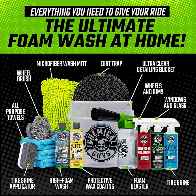 Chemical Guys Car Wash Kit 14-Pc Arsenal Builder - with Foam Blaster Wash Bucket Towels Applicators and 16 oz Soaps Waxes and Cleaners - Complete Car Detailing Gift Set Works with Garden Hose