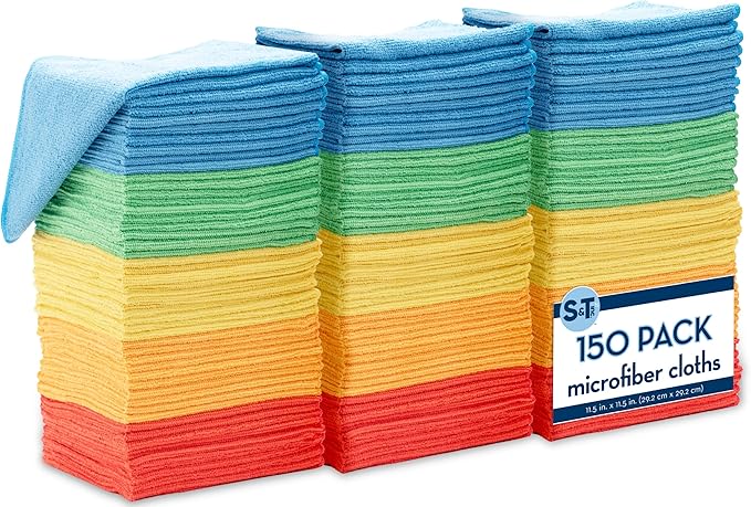 S&ampT INC. 150 Pack Microfiber Cleaning Cloth Bulk Towels for Home Reusable Microfiber Towels for Cars Cleaning Rags Assorted 11.5 Inches x 11.5 Inches 150 Count