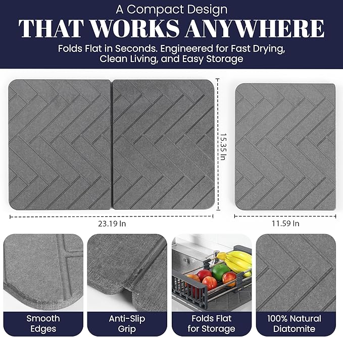 Large Folding Stone Dish Drying Mat for Kitchen Counter – Super Absorbent Diatomite Stone Drying Mat for Dishes Cups &amp Bottles – Quick Dry Space-Saving Multi-Use Kitchen Bath &amp Pet Mat – 2