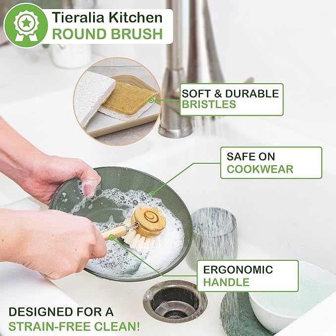 Tieralia Bamboo Dish Brush Gift Set – 5-Piece Kitchen Cleaning Set with Bottle Brush Round Scrub Brush Palm Brush &amp 2 Plant-Based Sponges | Wooden Handle Cleaning Tools for Dishes &amp Surfaces