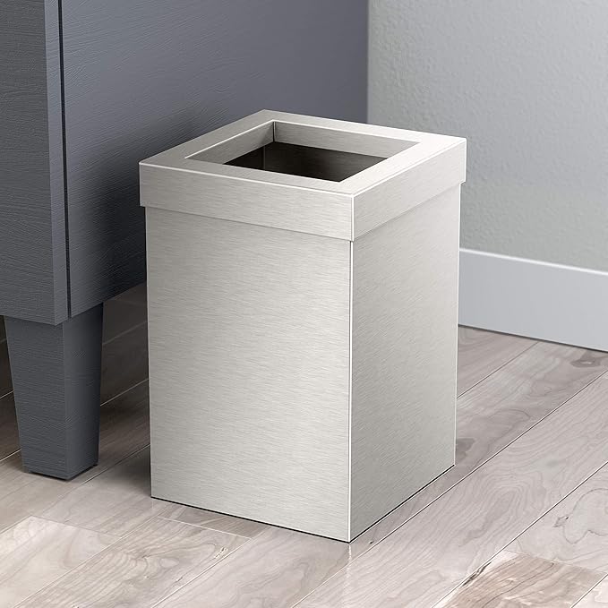 Gatco Small Bathroom Trash Can with Lid and Toilet Brush Set Square 3 Gallon Stainless Steel Wastebasket Under Sink Satin Nickel for Bathroom Bedroom Office (2971)