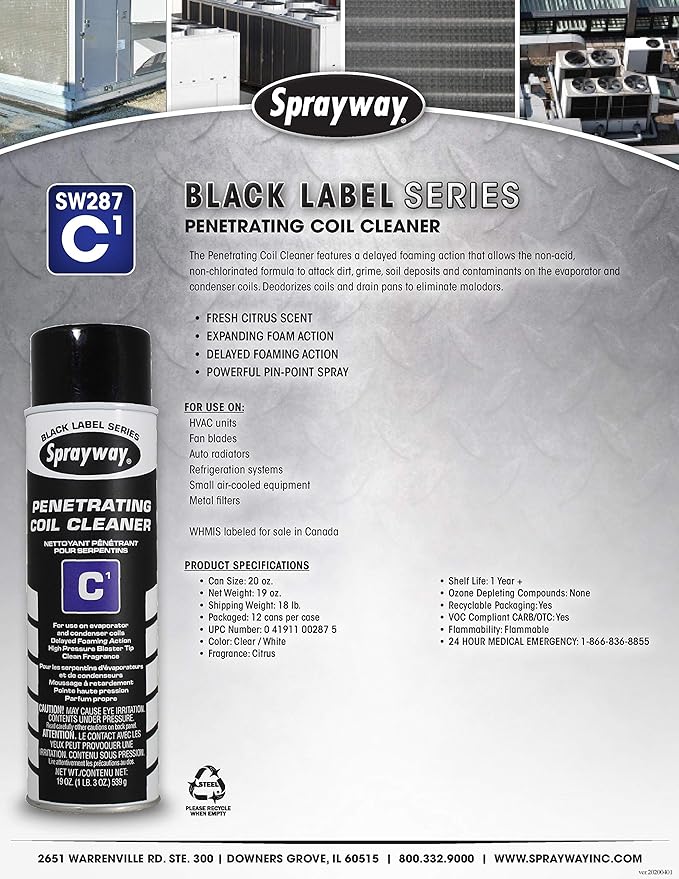 Sprayway SW287-12PK Aerosol C1 Penetrating Coil Cleaner 19 oz Pack of 12