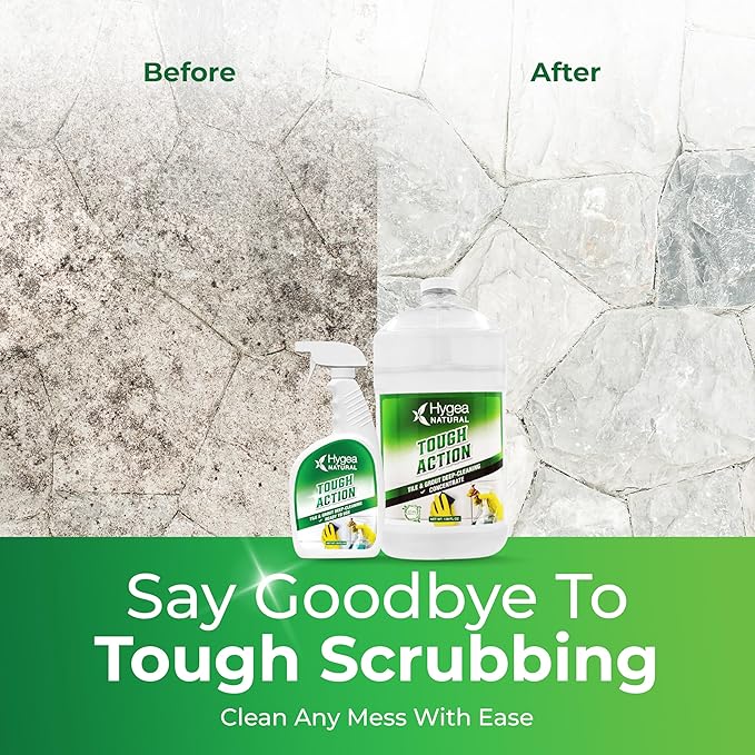 Hygea Natural Tough Action Tile &amp Grout Cleaner Duo - Deep Cleans Dirt &amp Scum Conditions &amp Enhances Stone Color - Acid-Free &amp Residue-Free Biodegradable Formula (24 oz Spray + Concent