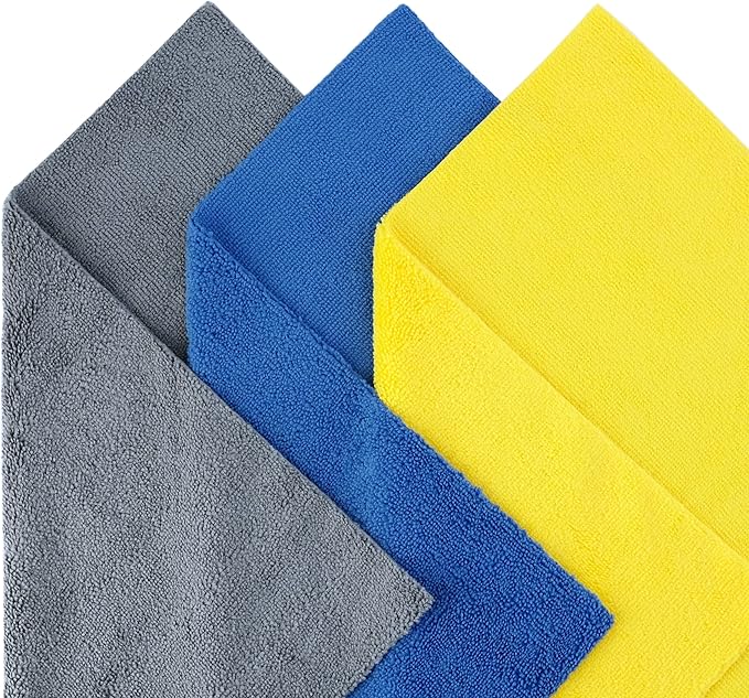 POLYTE Microfiber Cleaning Towel Ultrasonic Cut Edgeless (16x16 24 Pack Premium BlueGrayYellow)