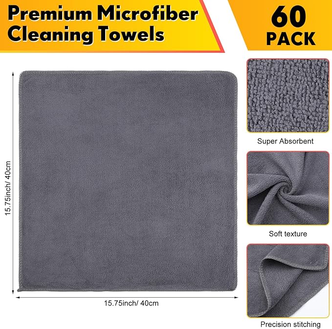 Nuenen Microfiber Cleaning Cloths for Cars 16 x 16 Inch Ultra Absorbent Car Towels Drying Reusable Cleaning Supplies House Kitchen Window Microfiber Towel (Gray60 Pcs)
