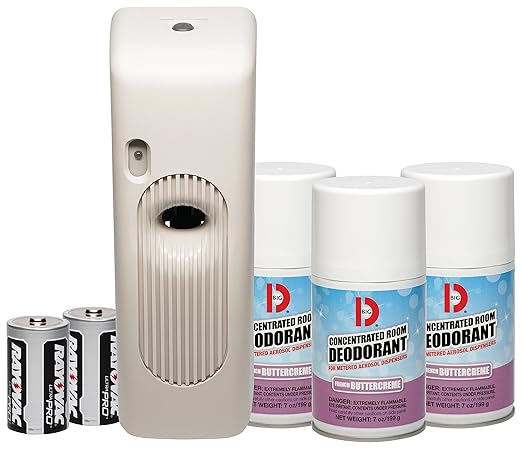 Big D 854 Metered Aerosol Starter Kit French Buttercreme Fragrance (Contains Dispenser 2 Batteries 3 Aerosol Cans) - Air freshener ideal for restrooms offices schools restaurants hotels