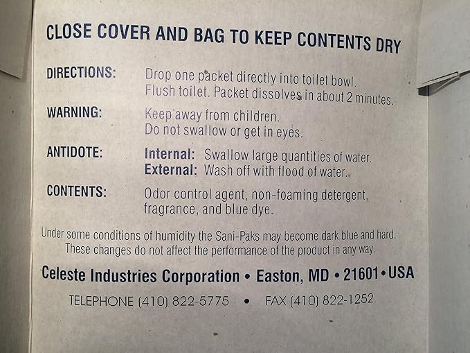 Celeste Sani-Pak Aircraft Lavatory Chemical Toilet Deodorant Biodegradable Packets 100ct {Rail Motor Coach Marine Recreational Vehicle RV and Portable Toilet}