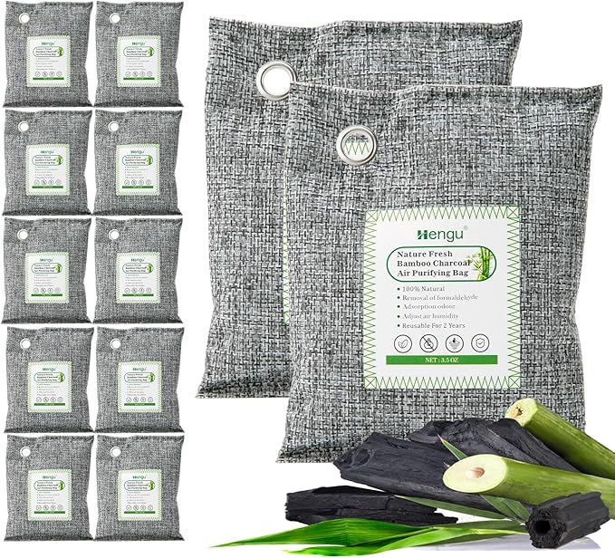 Activated Charcoal Odor Absorber (Large 12 Pack 100g each) Natural Charcoal Bags Odor Absorber Bamboo Charcoal Air Purifying Bag for Home Fridge Cabinet