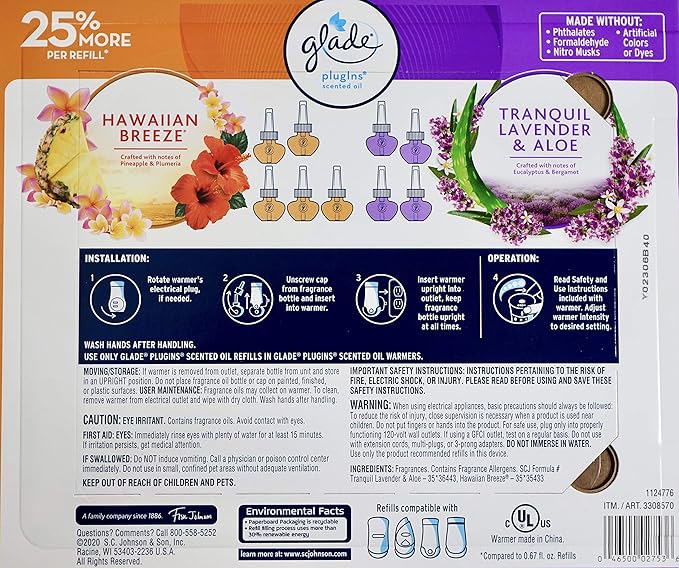 Glade Plugins Lavender Aloe &amp Hawaiian Breeze 9 Scented Oil Refills and 1 Warmer