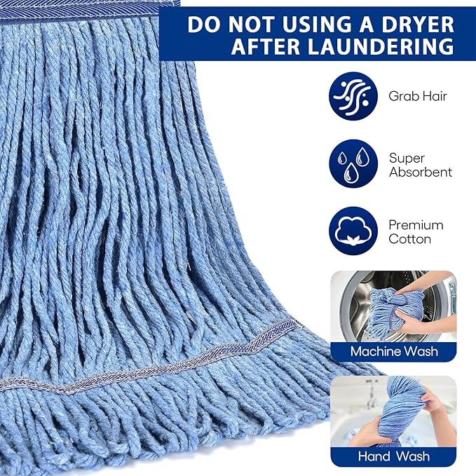 Matthew Cleaning Heavy Duty Mop Head Commercial Grade Replacement for General and Floor Cleaning Wet Industrial Blue Cotton Looped End String Head Refills (Case of 36) Blue