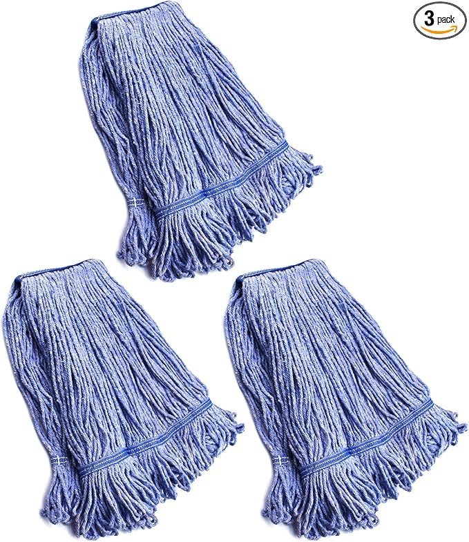 String Mop Heads Replacement Heavy Duty Commercial Grade Blue Cotton Looped End Wet Industrial Cleaning Mop Head Refills (3 Medium)