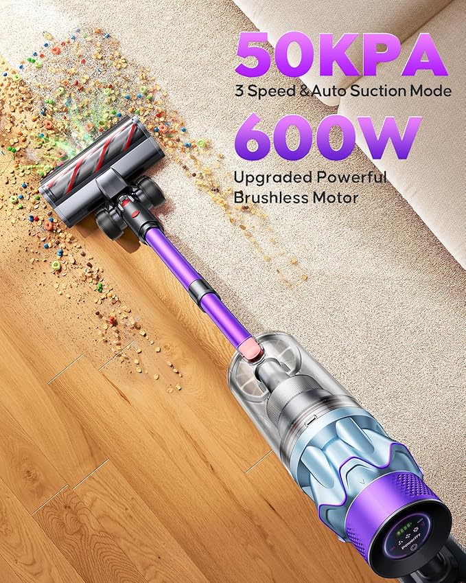 Replacement Battery and Cordless Vacuum Cleaner 65min/600W/50KPA Self-Standing Vacuum Cleaners for Home with 3.3Ft Hose &amp Auto Mode Wall Mount Charging
