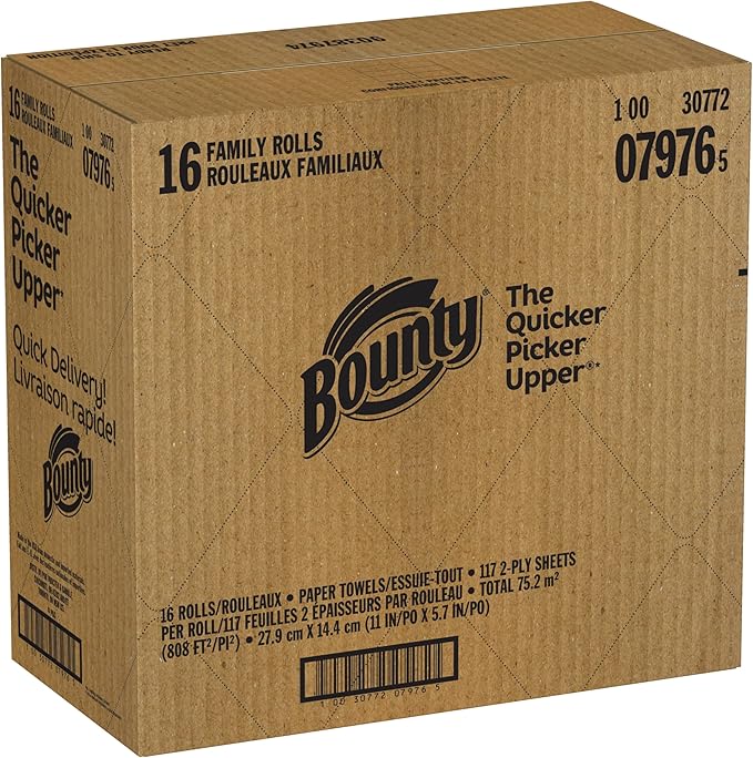 Bounty Paper Towels Quick Size White 16 Family Rolls = 40 Regular Rolls