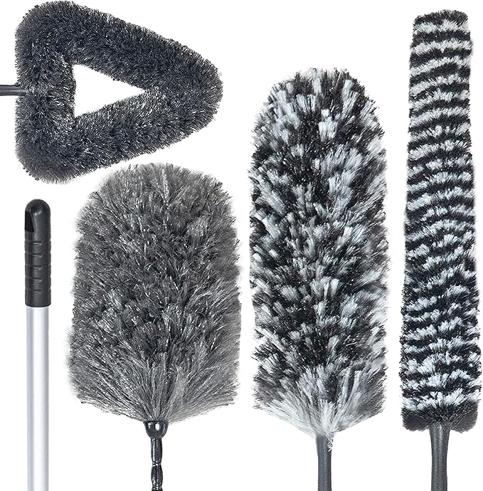 Feather Duster Kit with 5.6ft Extension Pole 4 Dusting Brush for Cleaning Home Wall Ceiling Fan Cobweb Microfiber Static Washable Dusters Black Dark Gray