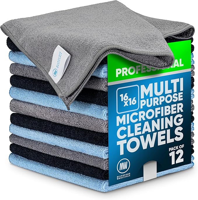 MW Pro Microfiber Cleaning Cloth | Black Gray Blue | 12 Pack | 16” x 16” | All Purpose Microfiber Towels - Clean Dust Polish Scrub Absorbent