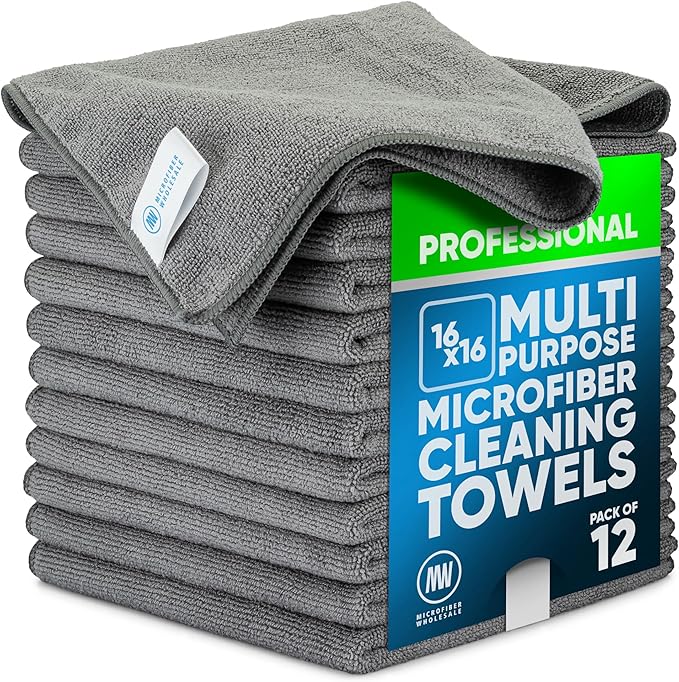 MW Pro Microfiber Cleaning Cloth | Gray | 12 Pack | 16” x 16” | All Purpose Microfiber Towels - Clean Dust Polish Scrub Absorbent