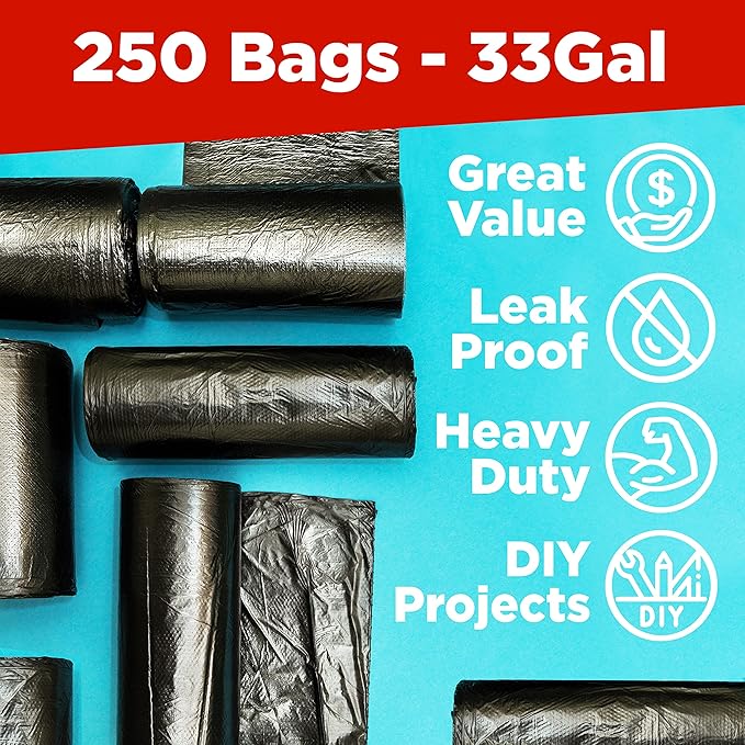 ToughBag 30-33 Gallon Trash Bags Heavy Duty 32 x 38 Black Garbage Bags (250 COUNT) – 30+ 32 Gallon Trash Bags - Made In USA