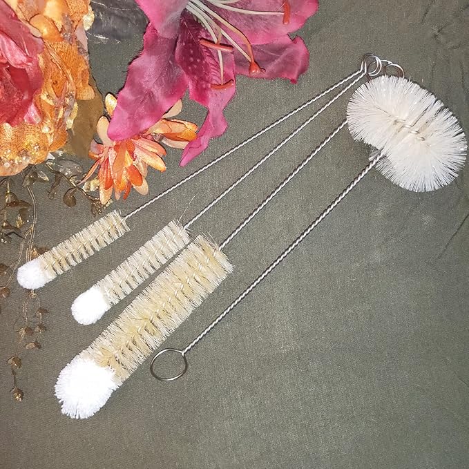 Coralpearl Bottle Brushes Thin Long Handle X 4 Skinny Wire Cleaner Set in Stainless Steel with Natural Boar Bristle at Wool Tip Bendable Flexible for Cleaning Narrow Neck Bottles Pipe Tube Hose
