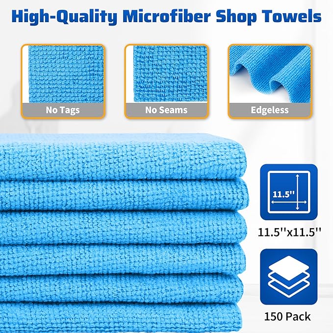 HOMERHYME Shop Towels 150 Pack Cleaning Rags Microfiber Towels Bulk All-Purpose Microfiber Cleaning Cloth Lint-Free Wipe Washcloth for Commercial Garage Automotive &amp Housekeeping 11.5*11.5