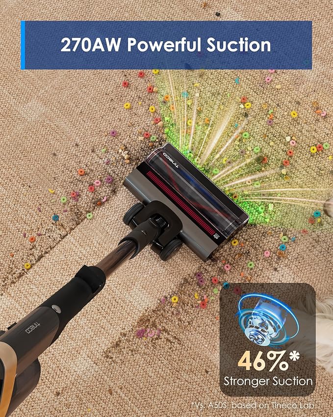 Tineco Pure ONE A90S Cordless Vacuum Cleaner 270AW Powerful Suction Up to 105min Runtime 3DSense Master Brush 150° Green LED Light Stick Vacuum Cleaner for Pet Hair Carpet &amp Hard Floor