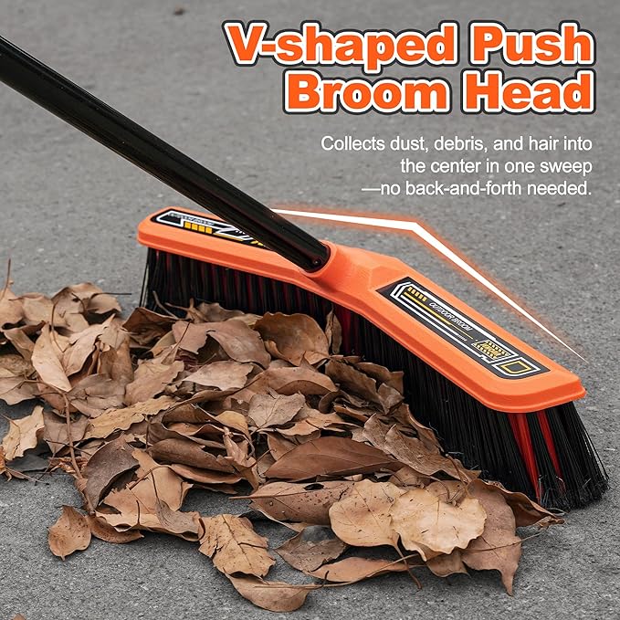 JEHONN Push Broom Outdoor Heavy Duty 15.7 inches V-Shaped Stiff Bristle Commercial Industrial Brush with 61” Long Handle for Garage Warehouse Shop Garden Patio Driveway Yard Street Deck (Orange)