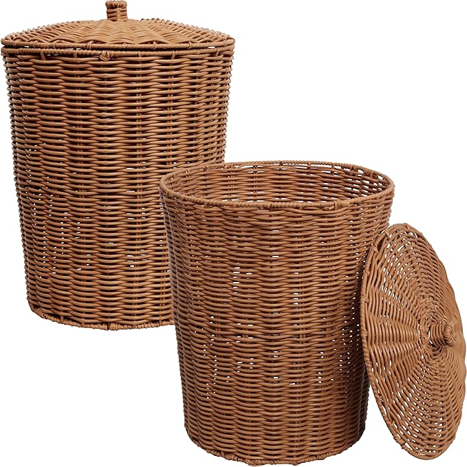 happimess HPM1406B-SET2 Ollie Coastal Contemporary Resin 4.7-Gallon Tapered Round Wicker Watebasket with Lid Brown (Set of 2)