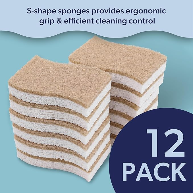 happimess WPE2000A-12SET Natural Plant Based Non-Scratch Sisal Hemp/Cellulose Scrubbing Dish Sponge Cleaning Sponge for Dishes Bathroom Household Beige/White (Set of 12)