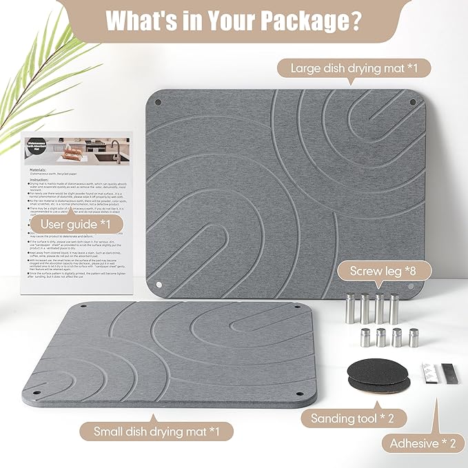 CZWL&ampHG 2 PCs Stone Dish Drying Mats for Kitchen Counter-Diatomaceous Dish Drying Mats Superb Absorbent with Non-Slip Stainless Steel FeetHeat Resistant15.7(L)×11.8(W)